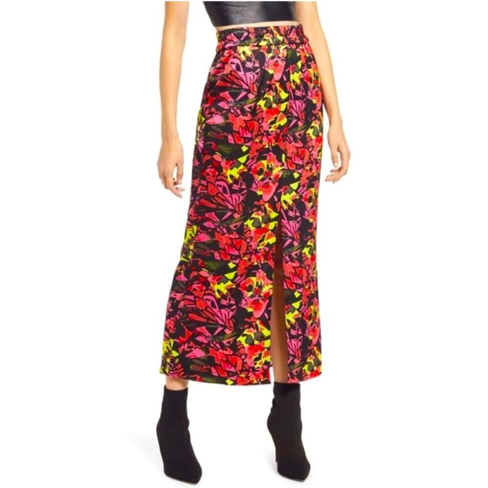 OPEN EDIT High Waist Abstract Floral Print Midi Skirt | Large | Neon Streetwear